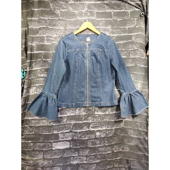 Venus Denim Jacket Womens Medium Blue Full Zip Bell Sleeves Stretch Western BOHO - Picture 13 of 15